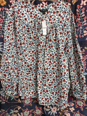 J. Crew Cream Floral Peasant Blouse with Red & Blue Accents